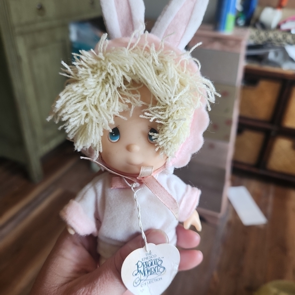 Precious Moments Eastet  Pink Bunny Doll with Blonde Yarn Hair